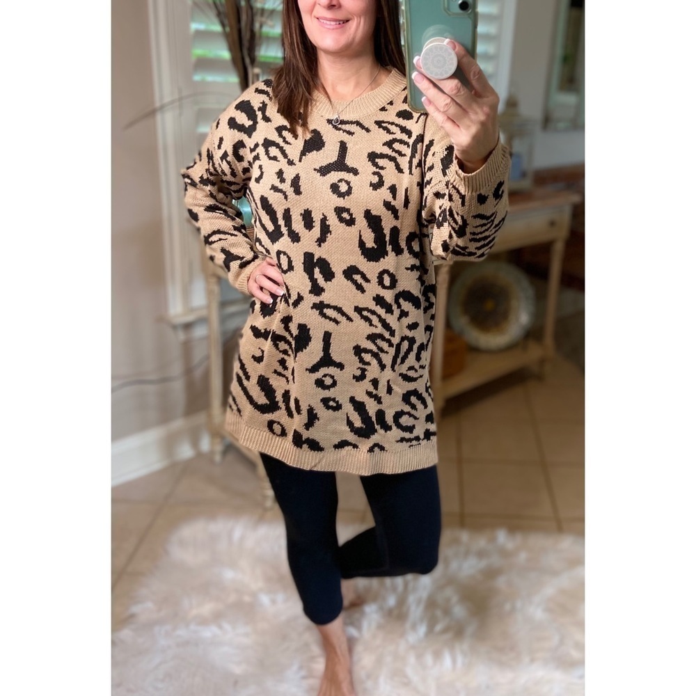 Oversized Leopard Bishop Sleeves Crew Neck Tunic Sweater Khaki Black 2819 - Picture 2 of 8